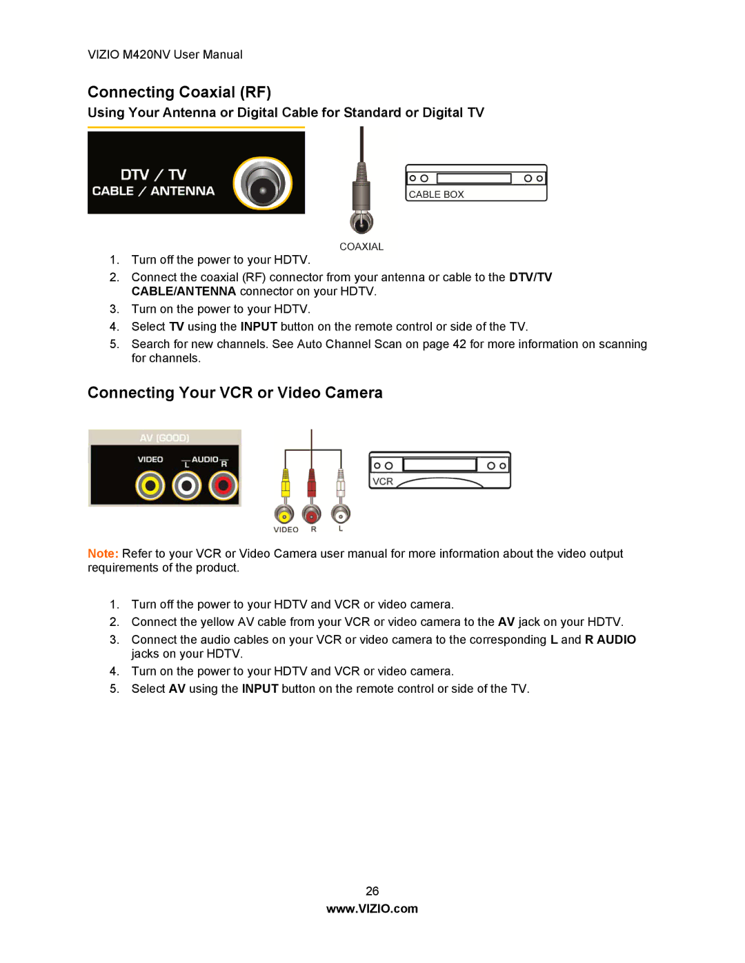 Vizio M420NV manual Connecting Coaxial RF, Connecting Your VCR or Video Camera 