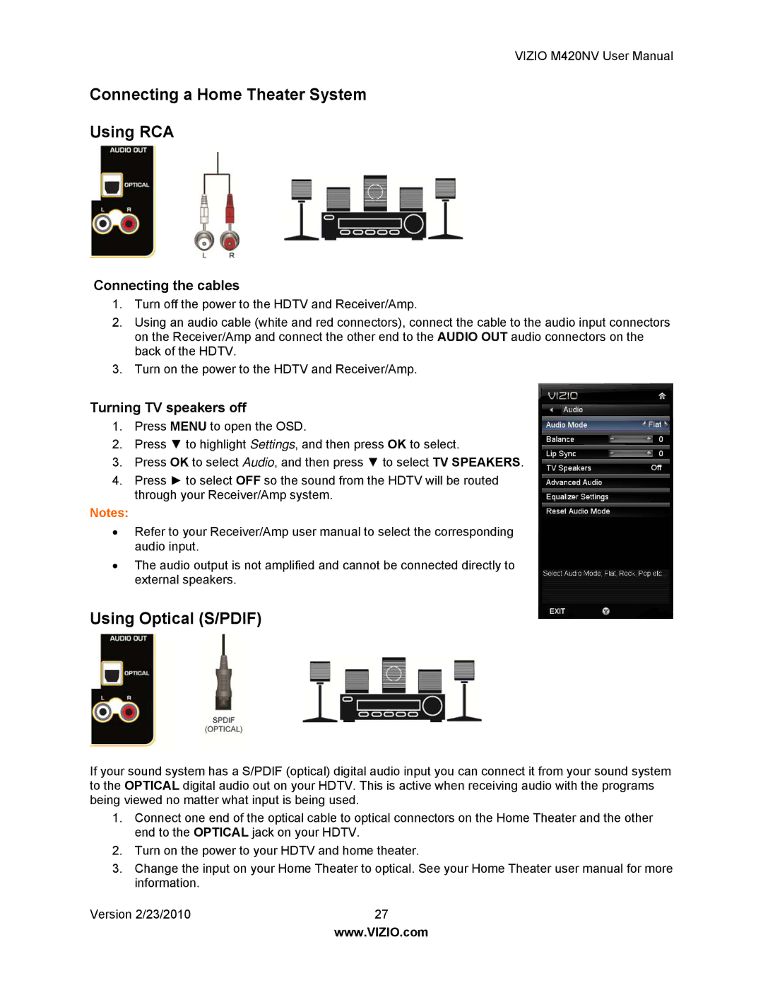 Vizio M420NV manual Connecting a Home Theater System Using RCA, Using Optical S/PDIF, Connecting the cables 