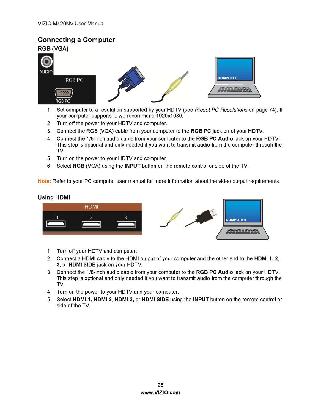 Vizio M420NV manual Connecting a Computer, Using Hdmi 