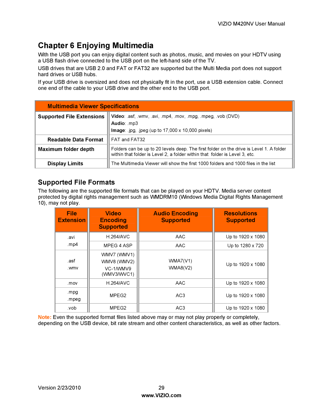 Vizio M420NV Supported File Formats, Multimedia Viewer Specifications, File Video Audio Encoding Resolutions Extension 