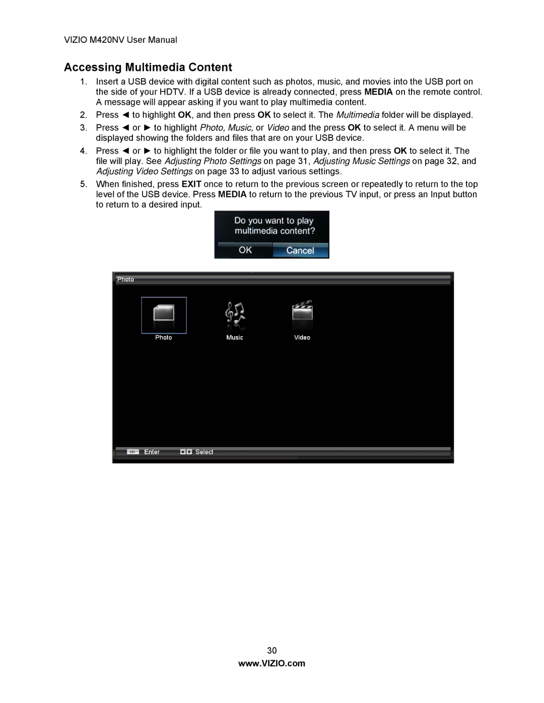 Vizio M420NV manual Accessing Multimedia Content 