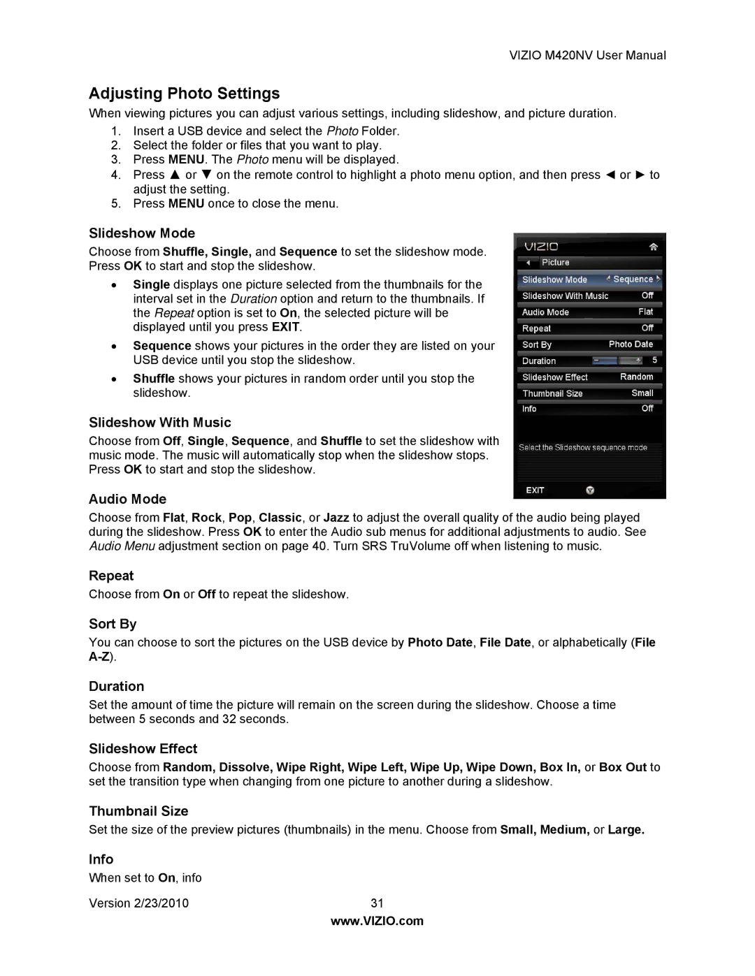 Vizio M420NV manual Adjusting Photo Settings 