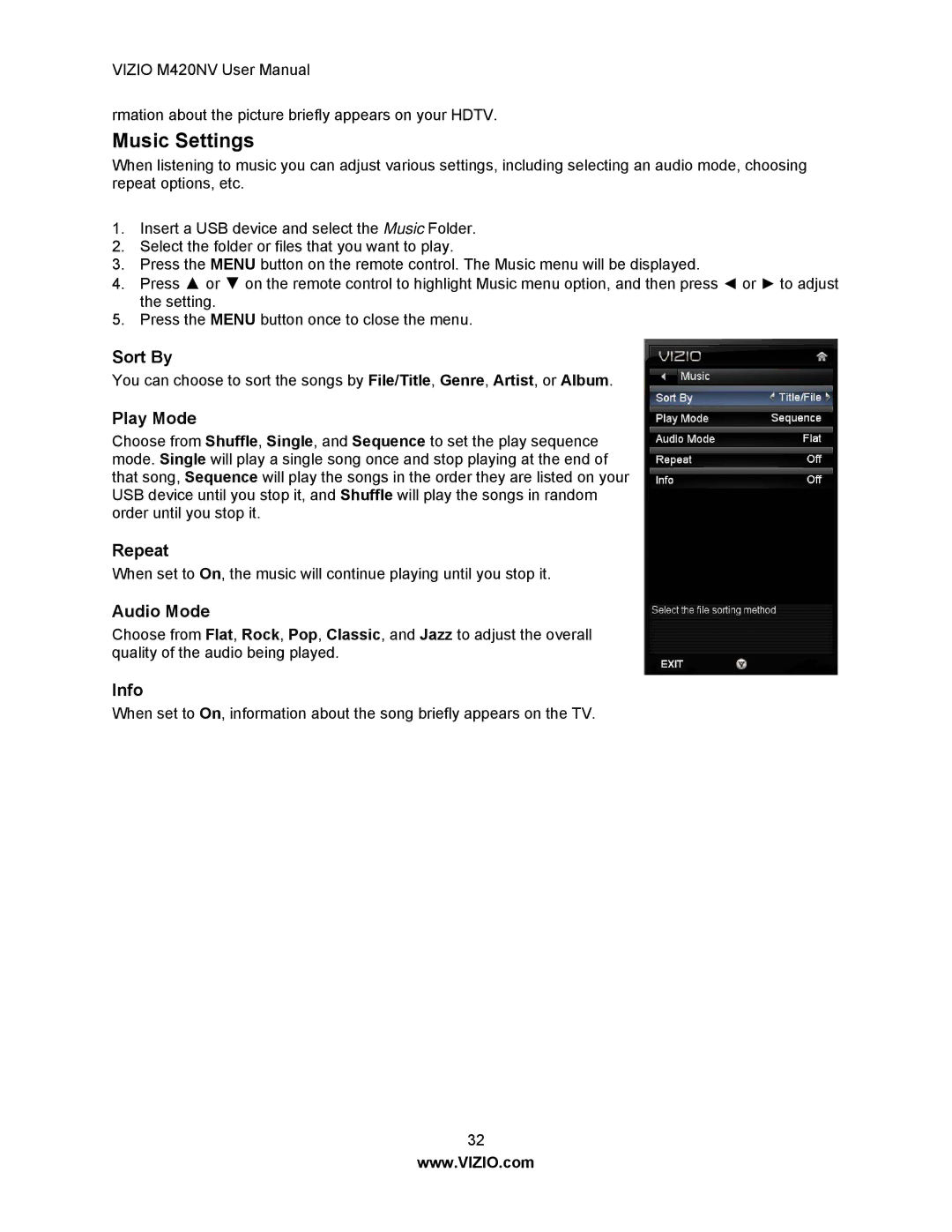 Vizio M420NV manual Music Settings, Play Mode 