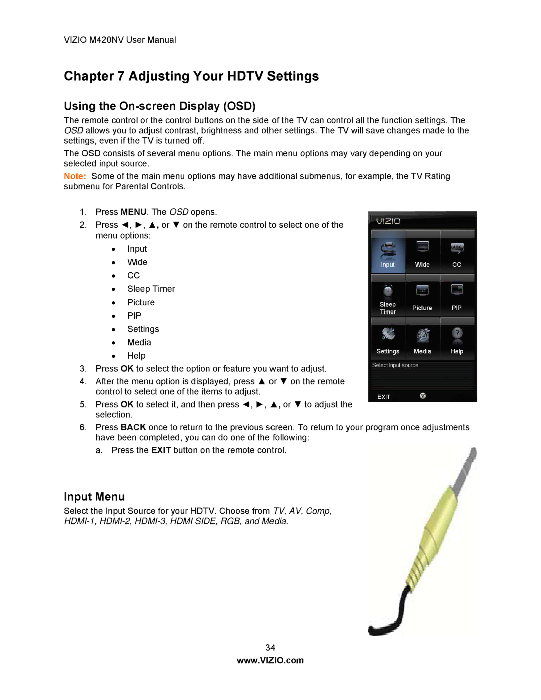 Vizio M420NV manual Using the On-screen Display OSD, Input Menu 