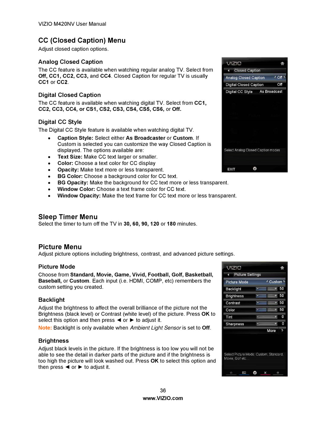 Vizio M420NV manual CC Closed Caption Menu, Sleep Timer Menu, Picture Menu 