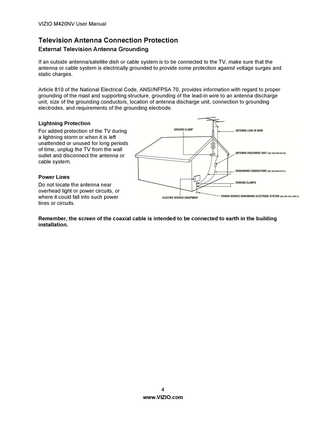 Vizio M420NV manual Television Antenna Connection Protection, External Television Antenna Grounding, Lightning Protection 