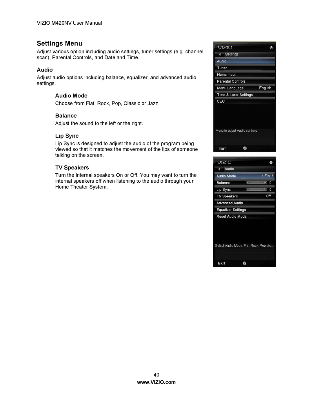 Vizio M420NV manual Settings Menu, Balance, Lip Sync, TV Speakers 