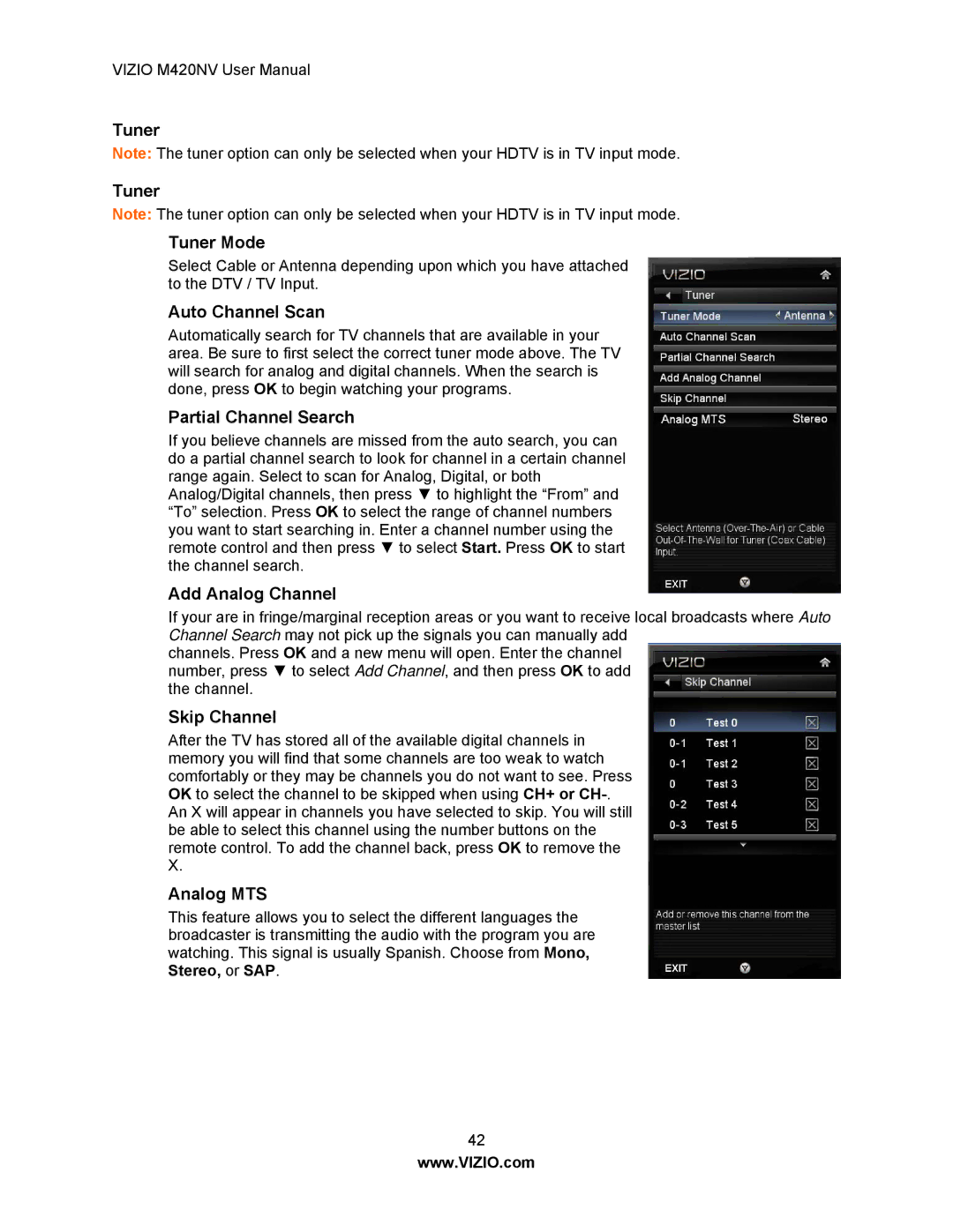 Vizio M420NV Tuner Tuner Mode, Auto Channel Scan, Partial Channel Search, Add Analog Channel, Skip Channel, Analog MTS 