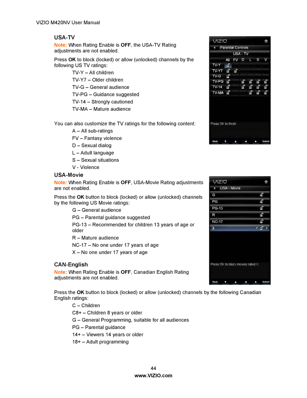 Vizio M420NV manual USA-Movie, CAN-English 