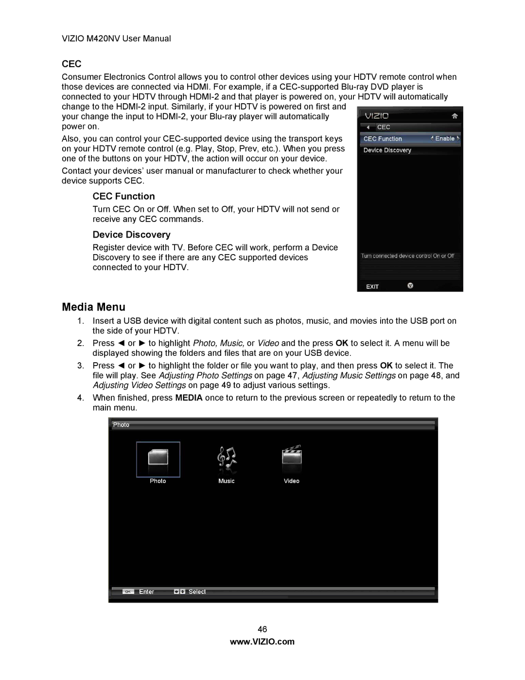 Vizio M420NV manual Media Menu, CEC Function, Device Discovery 