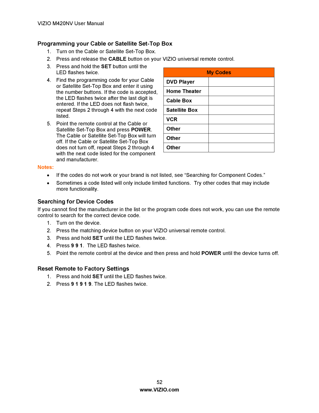 Vizio M420NV Programming your Cable or Satellite Set-Top Box, Searching for Device Codes, Reset Remote to Factory Settings 