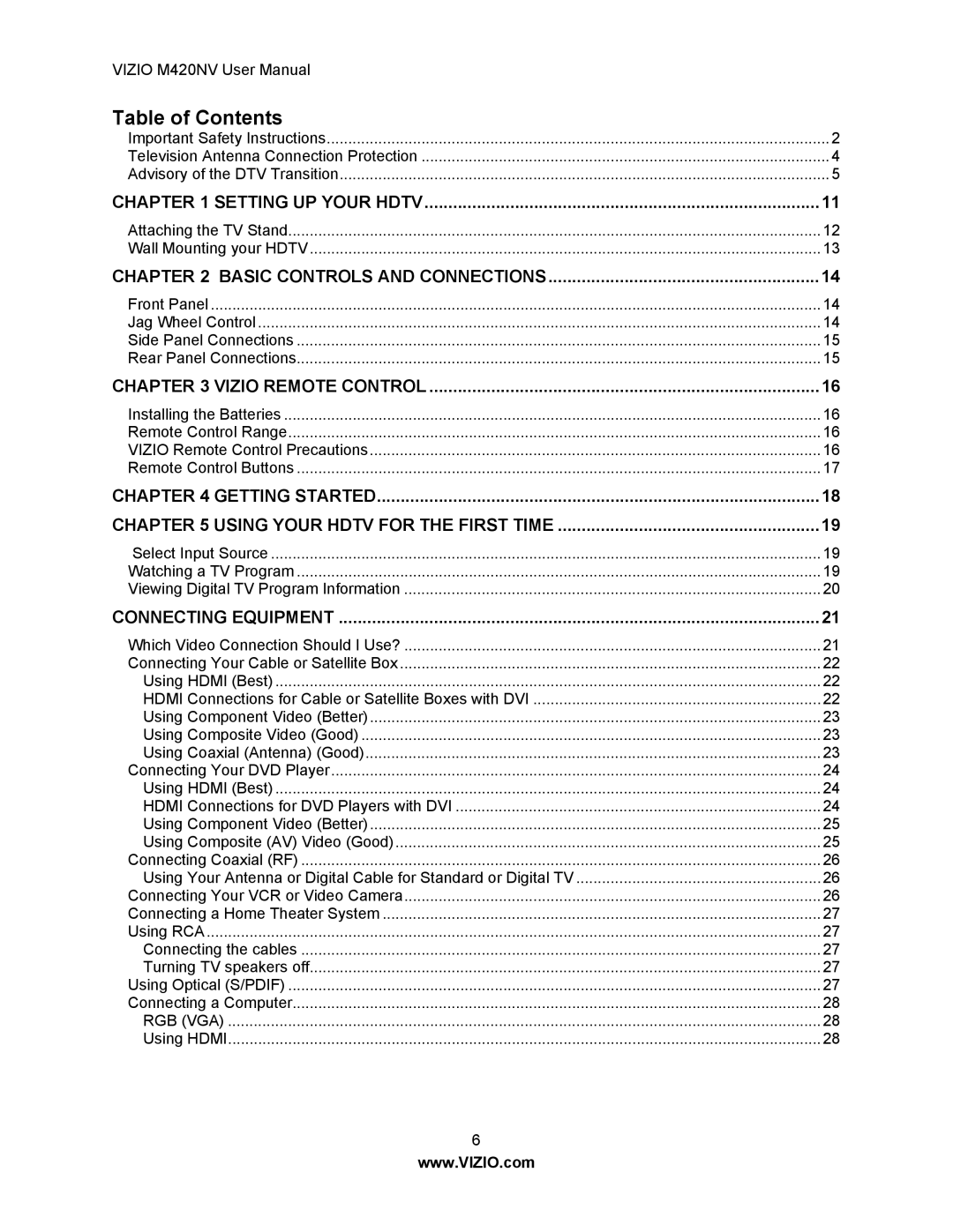 Vizio M420NV manual Table of Contents 