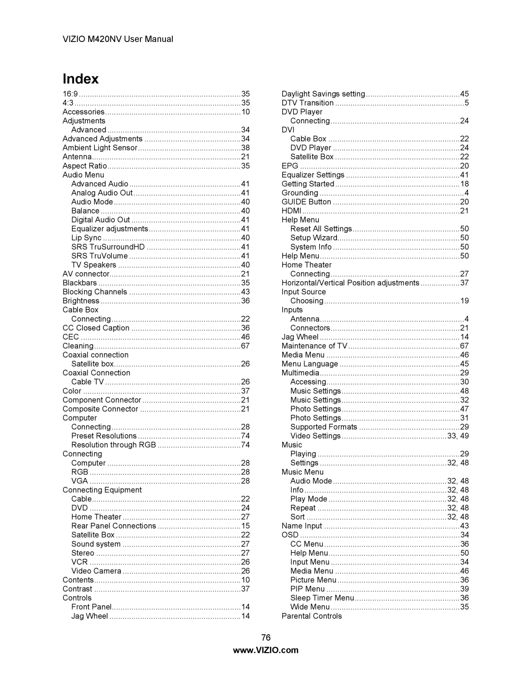 Vizio M420NV manual Index 