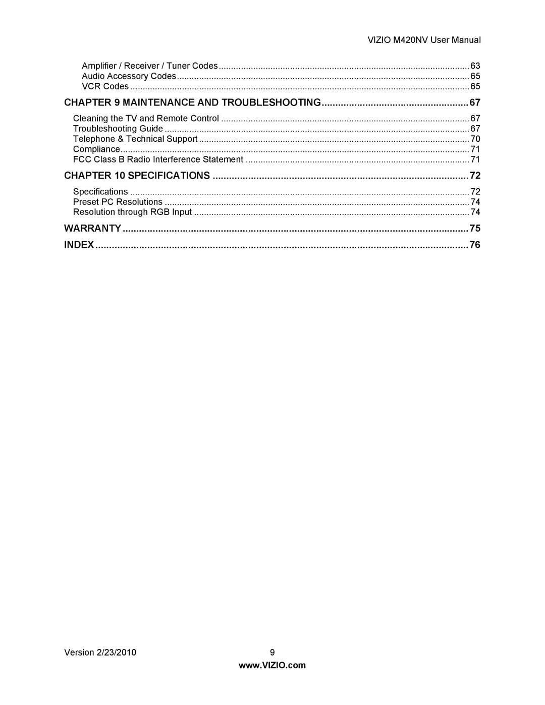 Vizio M420NV manual Specifications 