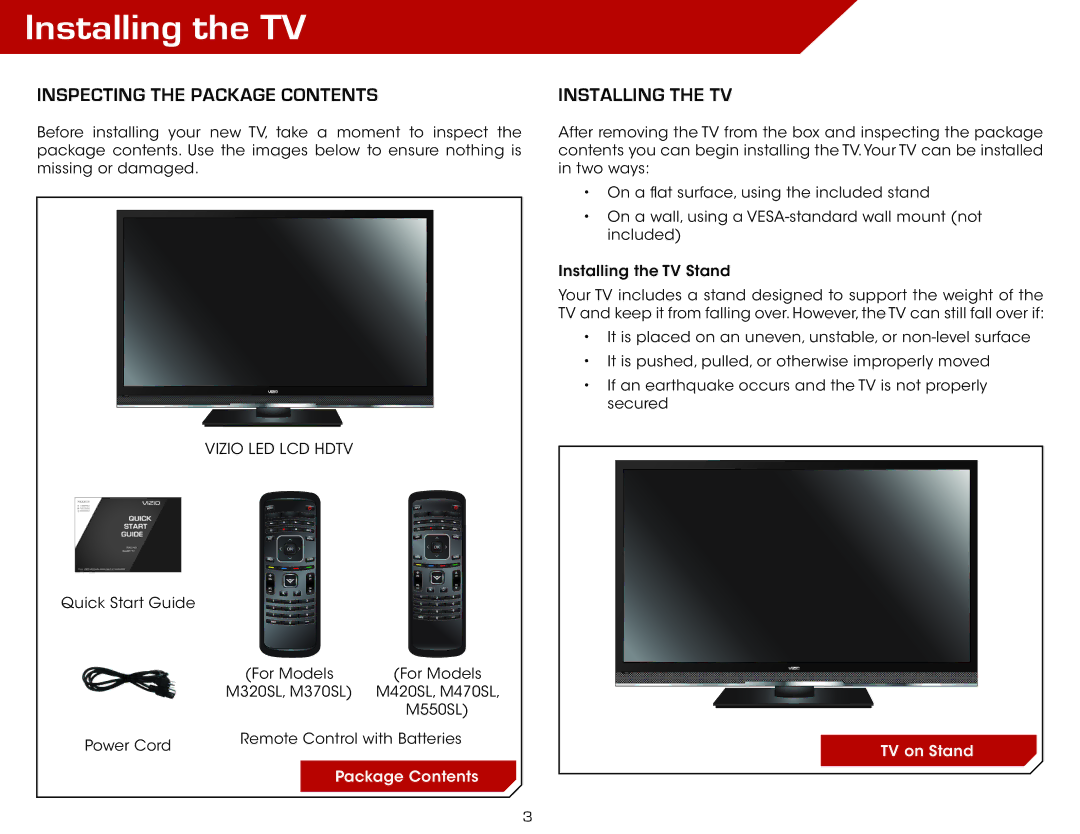 Vizio M420SL, M370SL, M320SL, M550SL, M470SL warranty Installing the TV, Inspecting the Package Contents 