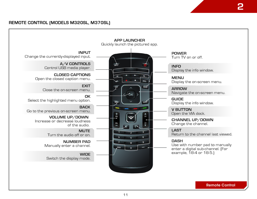 Vizio M550SL, M420SL, M470SL warranty Remote Control Models M320SL, M370SL, Closed Captions 