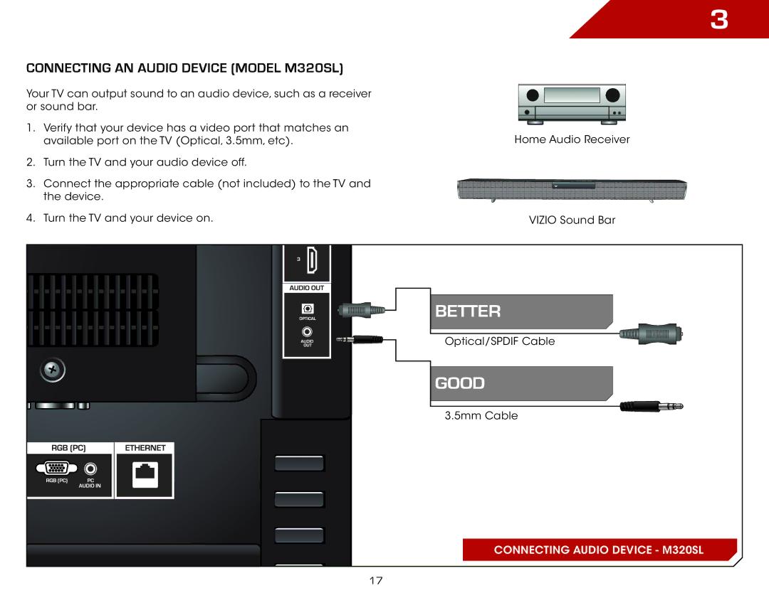 Vizio M470SL, M420SL, M370SL, M550SL warranty Good, Connecting an audio device Model M320SL 