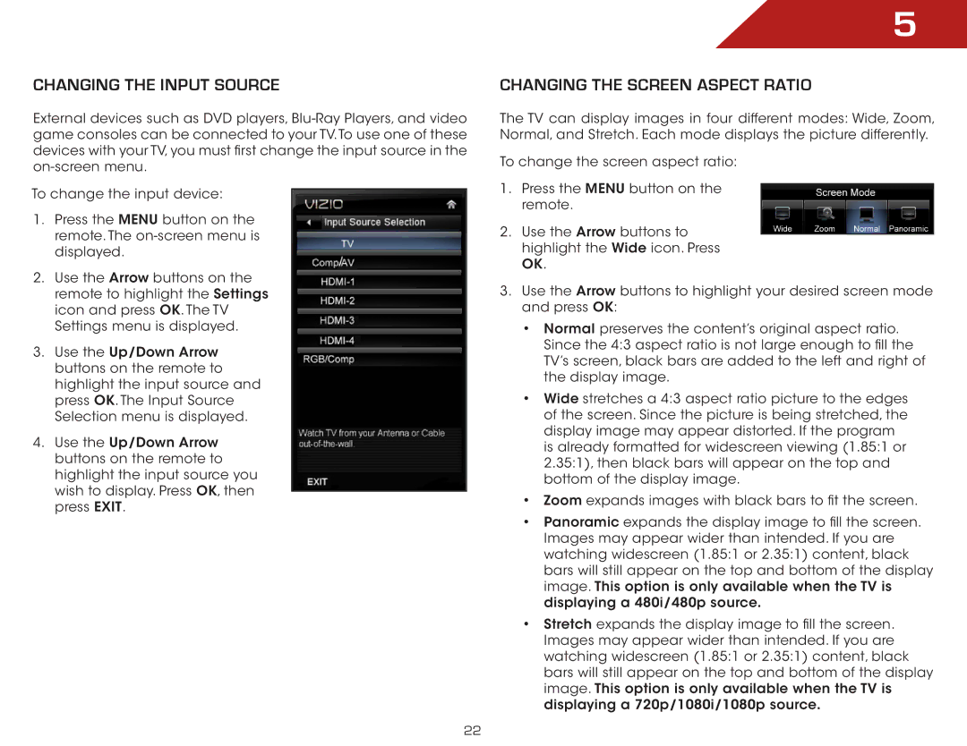 Vizio M470SL, M420SL, M370SL, M320SL, M550SL warranty Changing the Input Source, Changing the Screen Aspect Ratio 