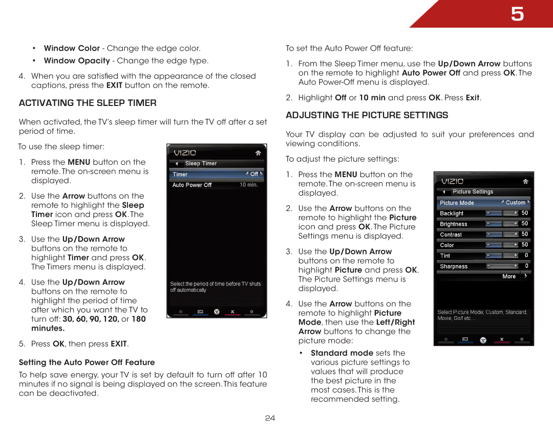 Vizio M370SL, M420SL, M320SL, M550SL, M470SL warranty Activating the Sleep Timer, Adjusting the Picture Settings 