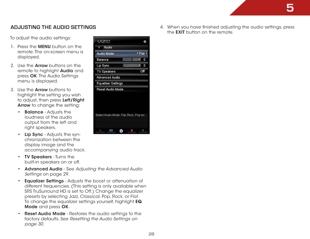 Vizio M420SL, M370SL, M320SL Adjusting the Audio Settings, Advanced Audio See Adjusting the Advanced Audio Settings on 