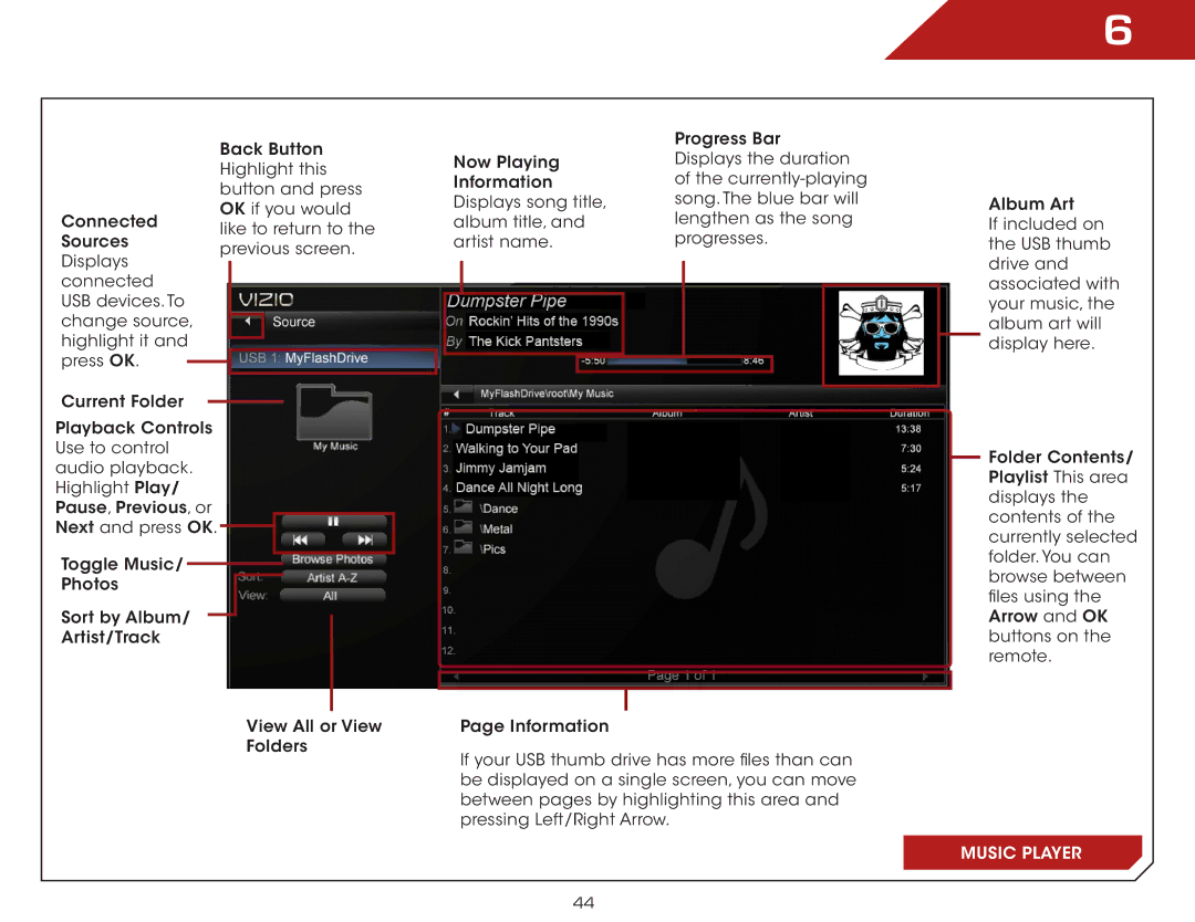 Vizio M370SL, M420SL, M320SL, M550SL, M470SL warranty Music Player 