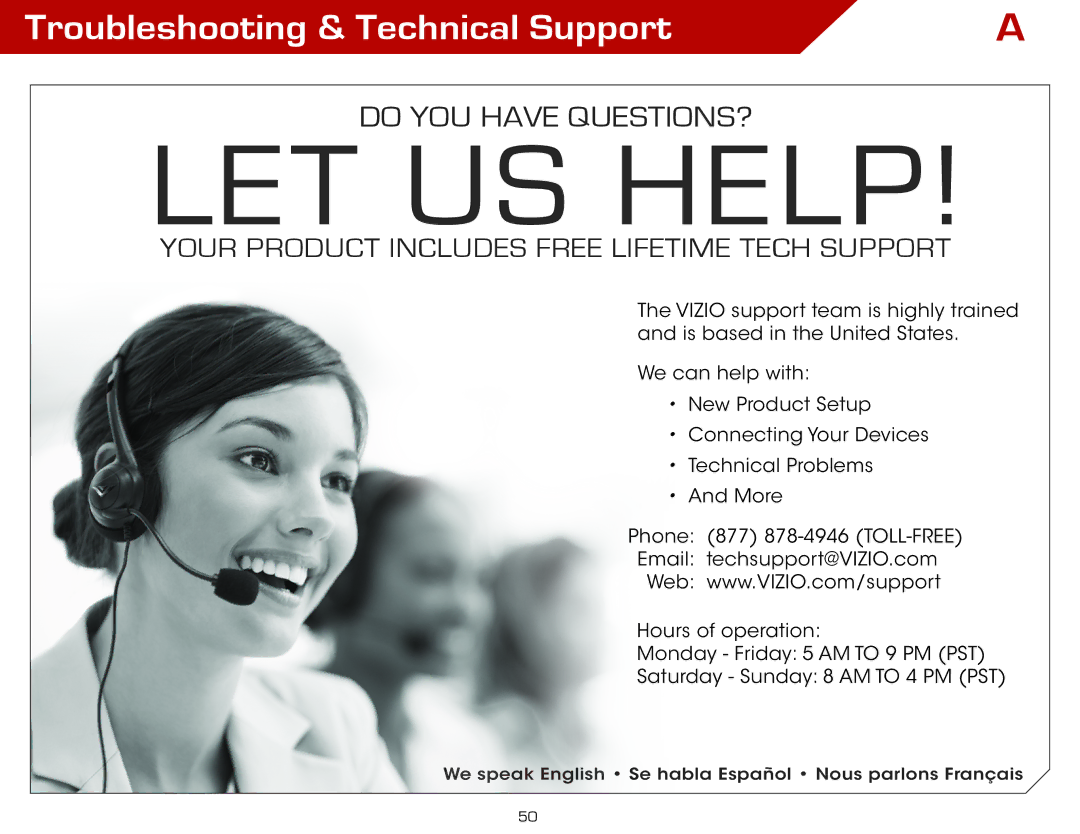 Vizio M320SL, M420SL, M370SL, M550SL, M470SL warranty LET US Help, Troubleshooting & Technical Support 