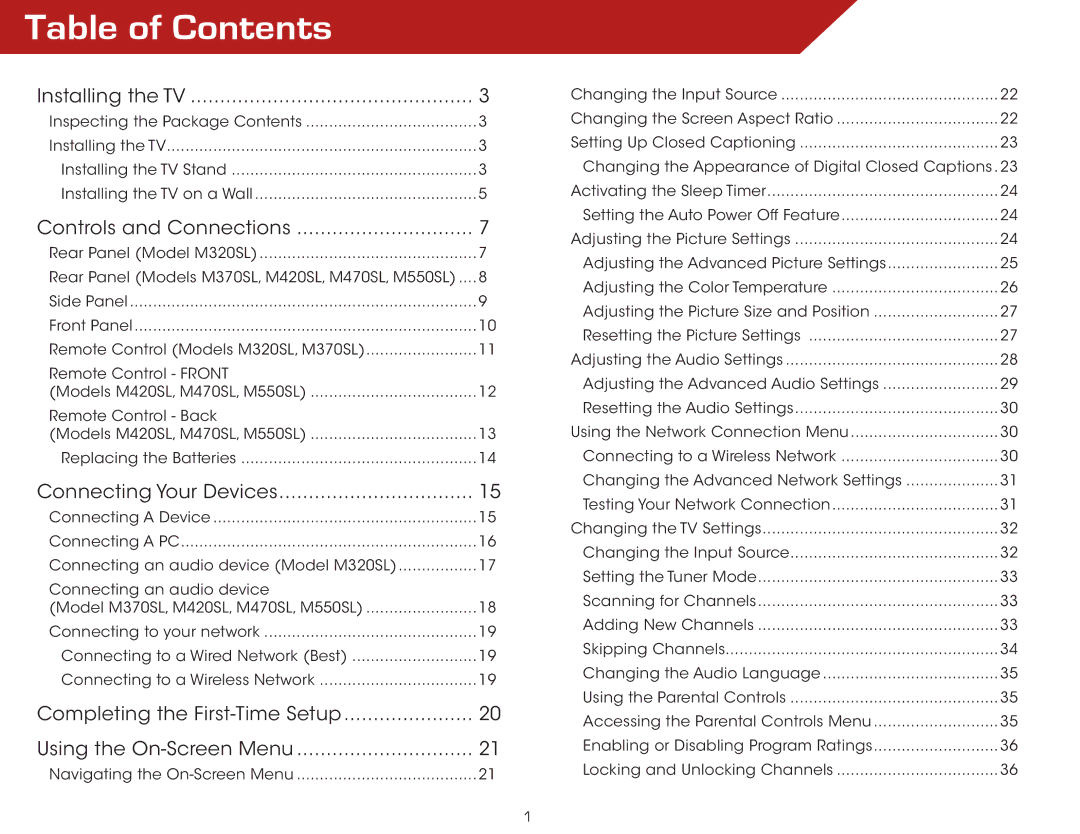 Vizio M550SL, M420SL, M370SL, M320SL, M470SL warranty Table of Contents 