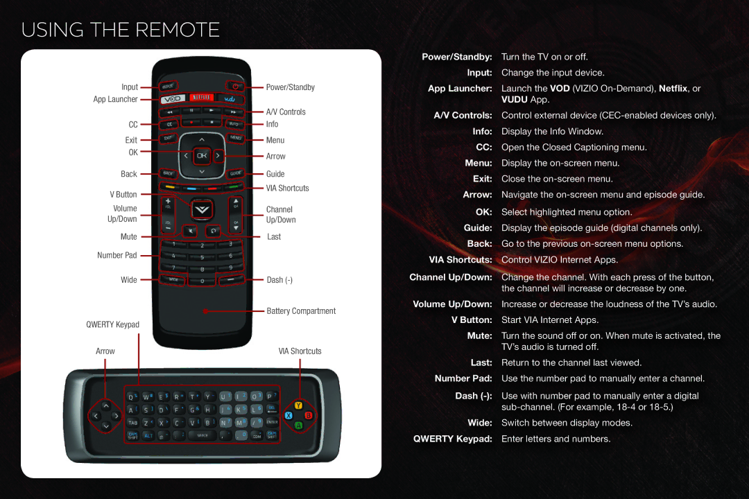 Vizio M420SV, M550SV, M470SV quick start Using the Remote, Info 