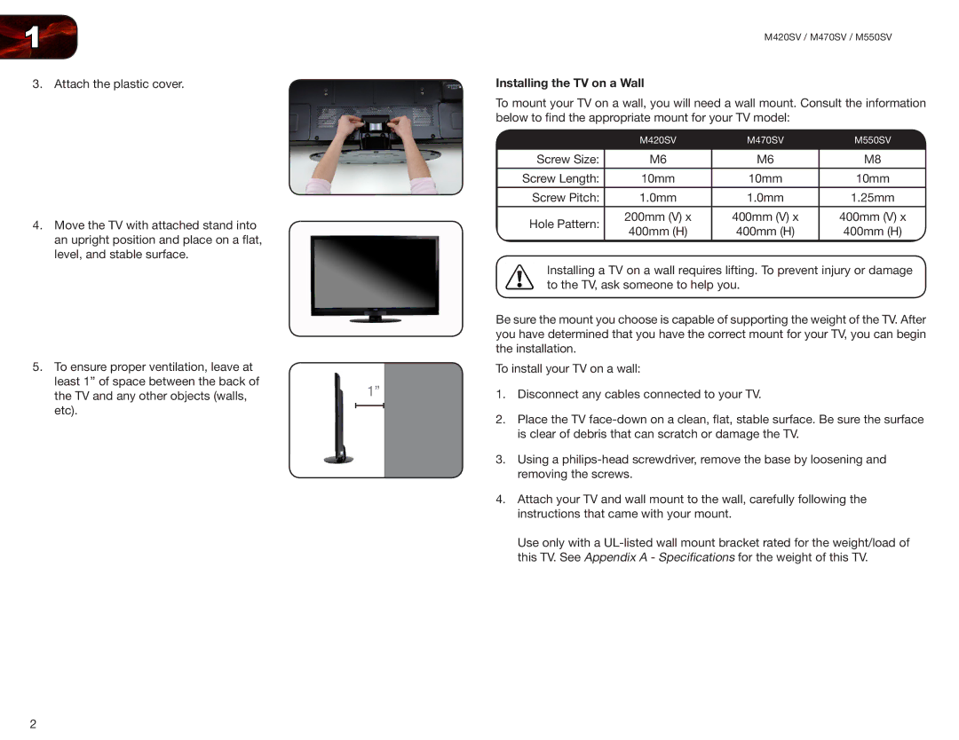 Vizio M550SV, M420SV, M470SV user manual Installing the TV on a Wall 