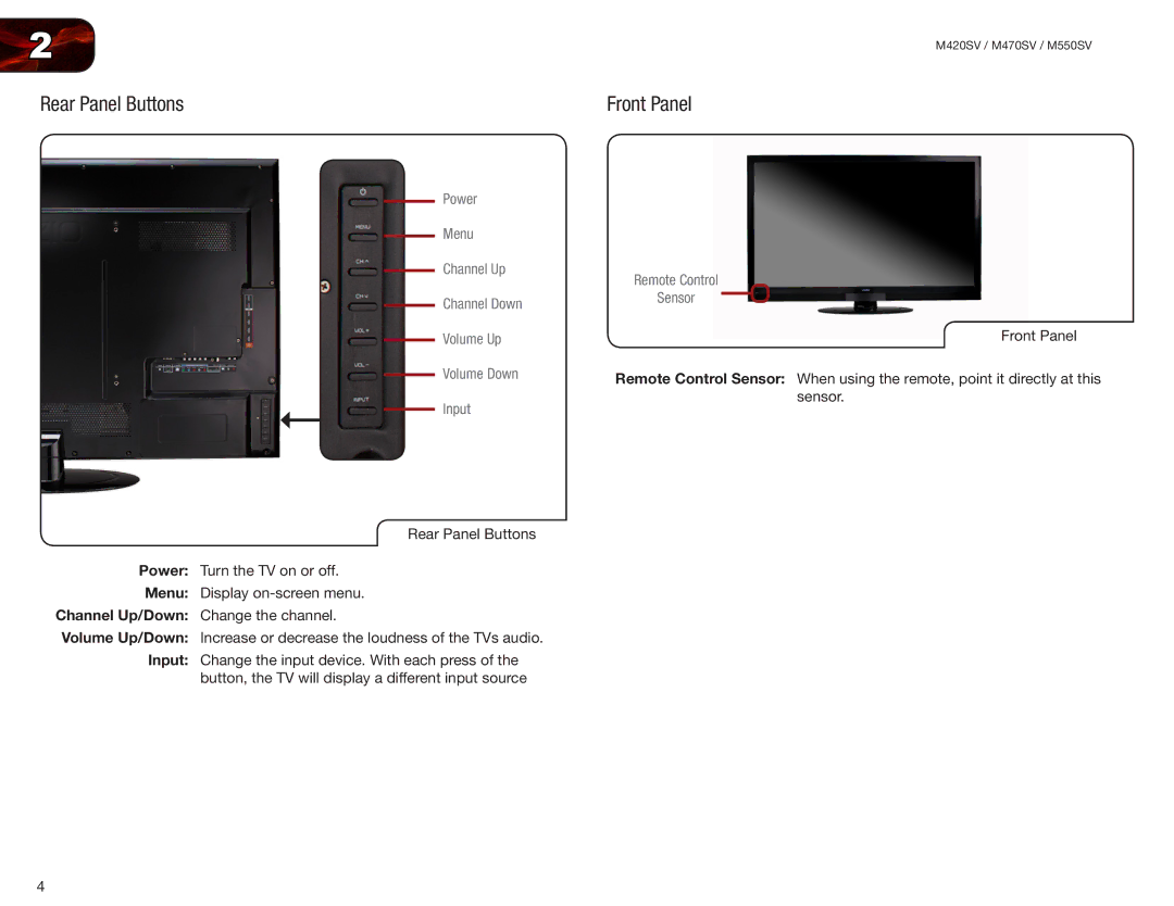 Vizio M420SV, M550SV, M470SV user manual Rear Panel Buttons, Front Panel 