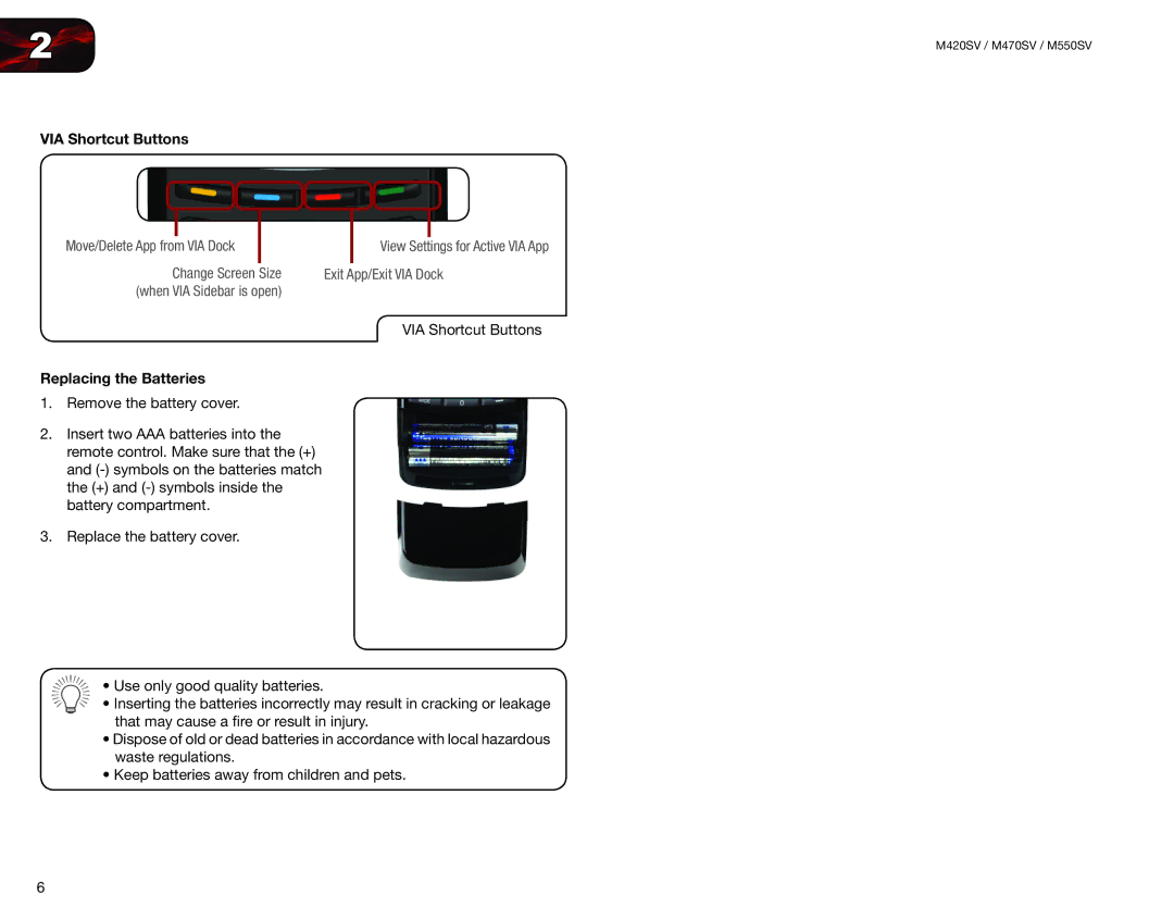 Vizio M470SV, M420SV, M550SV user manual VIA Shortcut Buttons, Replacing the Batteries 