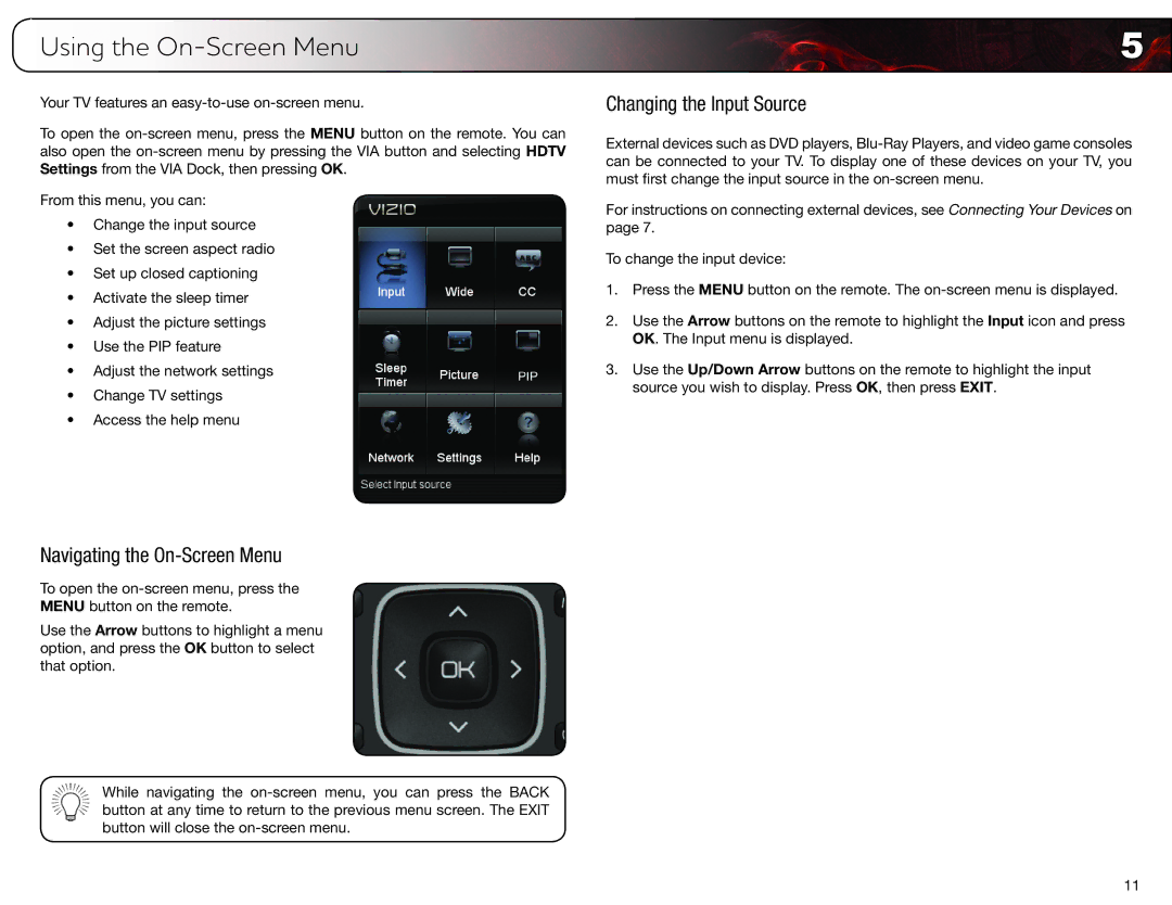 Vizio M550SV, M420SV, M470SV user manual Using the On-Screen Menu, Changing the Input Source, Navigating the On-Screen Menu 