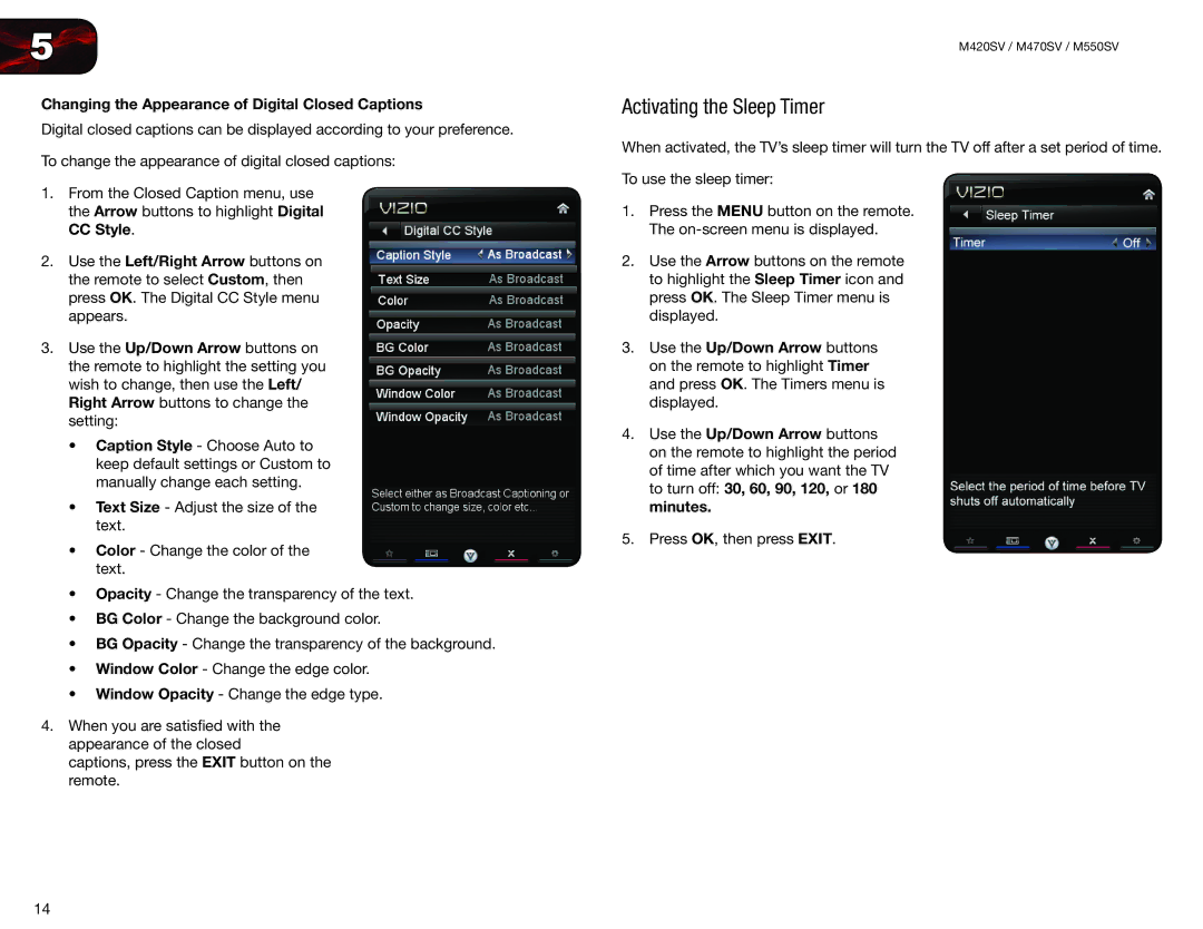 Vizio M550SV, M420SV, M470SV user manual Activating the Sleep Timer, Changing the Appearance of Digital Closed Captions 