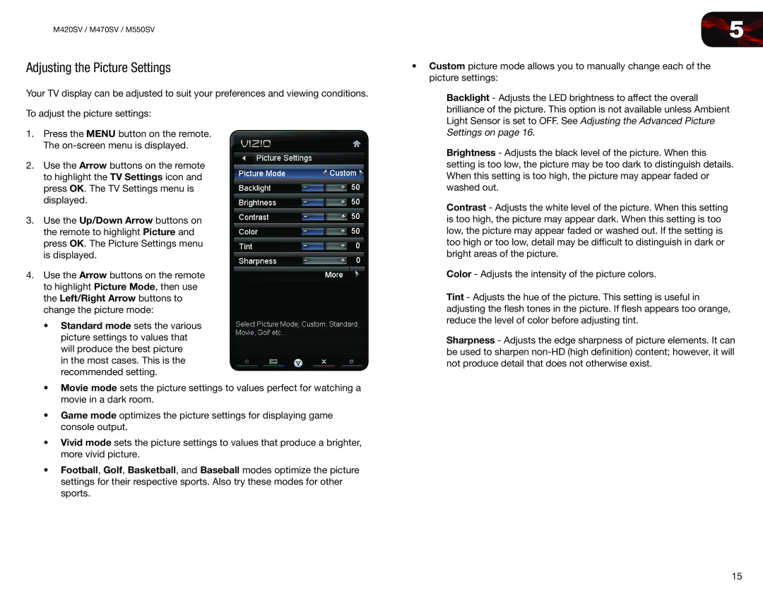 Vizio M470SV, M420SV, M550SV user manual Adjusting the Picture Settings 