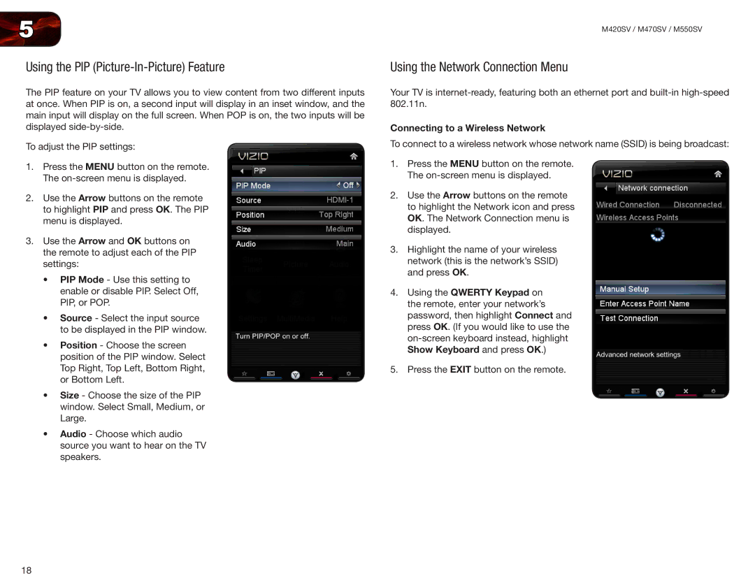 Vizio M470SV, M420SV, M550SV user manual Using the PIP Picture-In-Picture Feature, Using the Network Connection Menu 