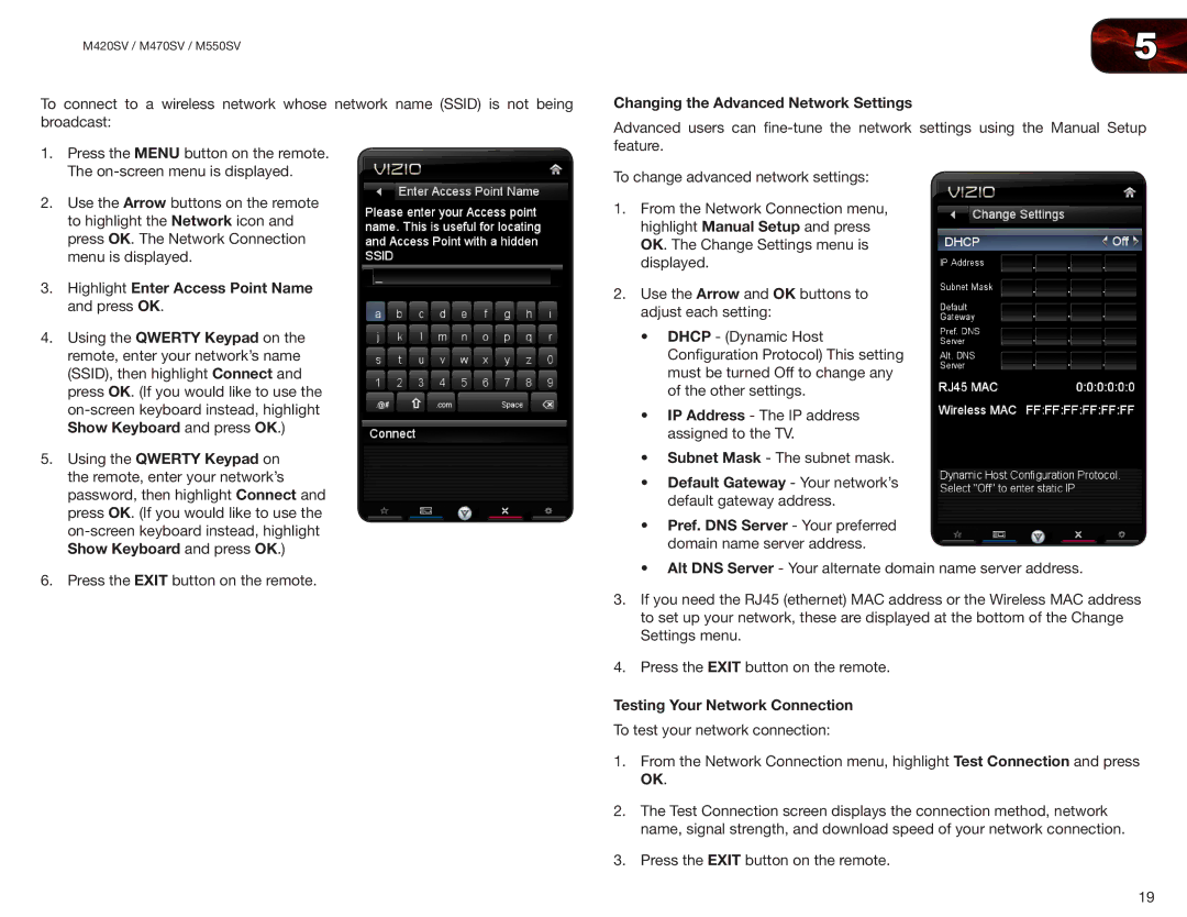 Vizio M420SV, M550SV, M470SV Highlight Enter Access Point Name and press OK, Changing the Advanced Network Settings 