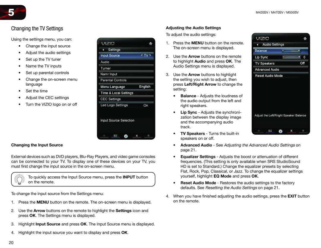 Vizio M550SV, M420SV, M470SV user manual Changing the TV Settings, Changing the Input Source, Adjusting the Audio Settings 