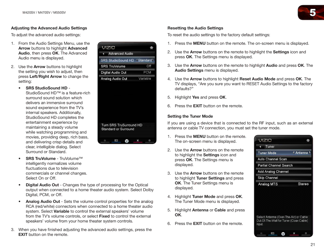 Vizio M470SV, M420SV, M550SV Adjusting the Advanced Audio Settings, Resetting the Audio Settings, Setting the Tuner Mode 