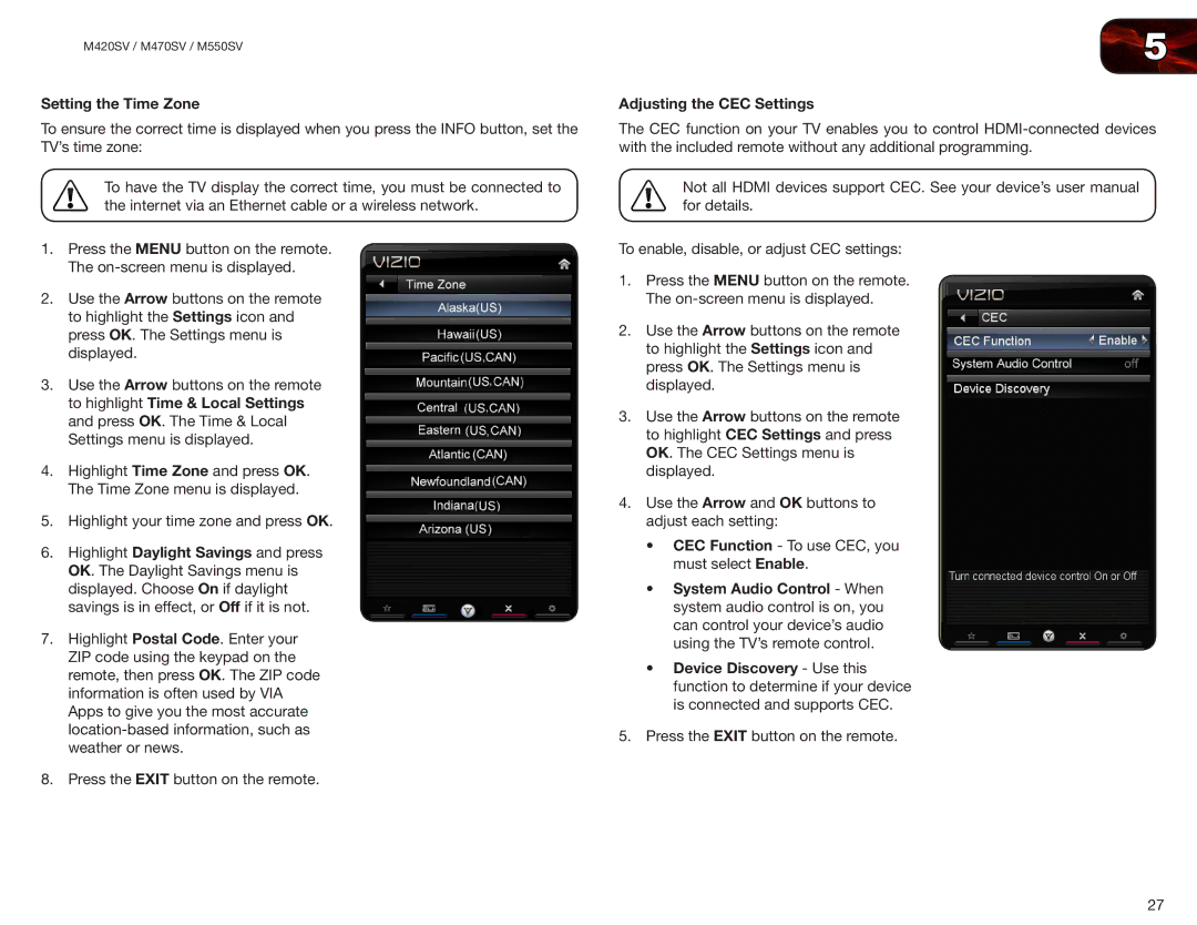 Vizio M470SV, M420SV, M550SV user manual Setting the Time Zone, Adjusting the CEC Settings 