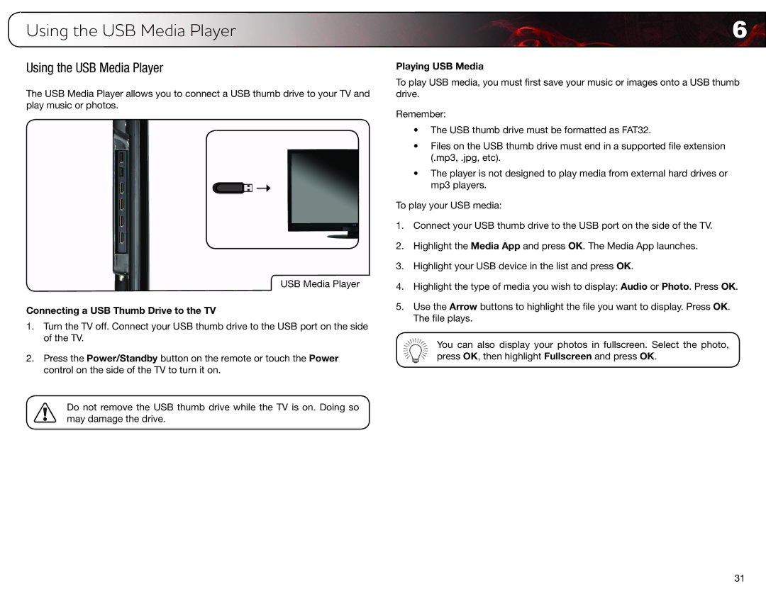 Vizio M420SV, M550SV, M470SV Using the USB Media Player, Connecting a USB Thumb Drive to the TV, Playing USB Media 