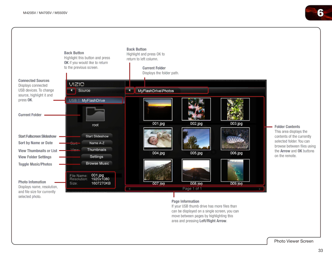 Vizio M470SV, M420SV, M550SV user manual Current Folder Displays the folder path Information 