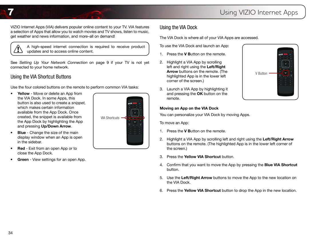 Vizio M420SV, M550SV, M470SV user manual Using the VIA Shortcut Buttons, Using the VIA Dock, Moving an App on the VIA Dock 