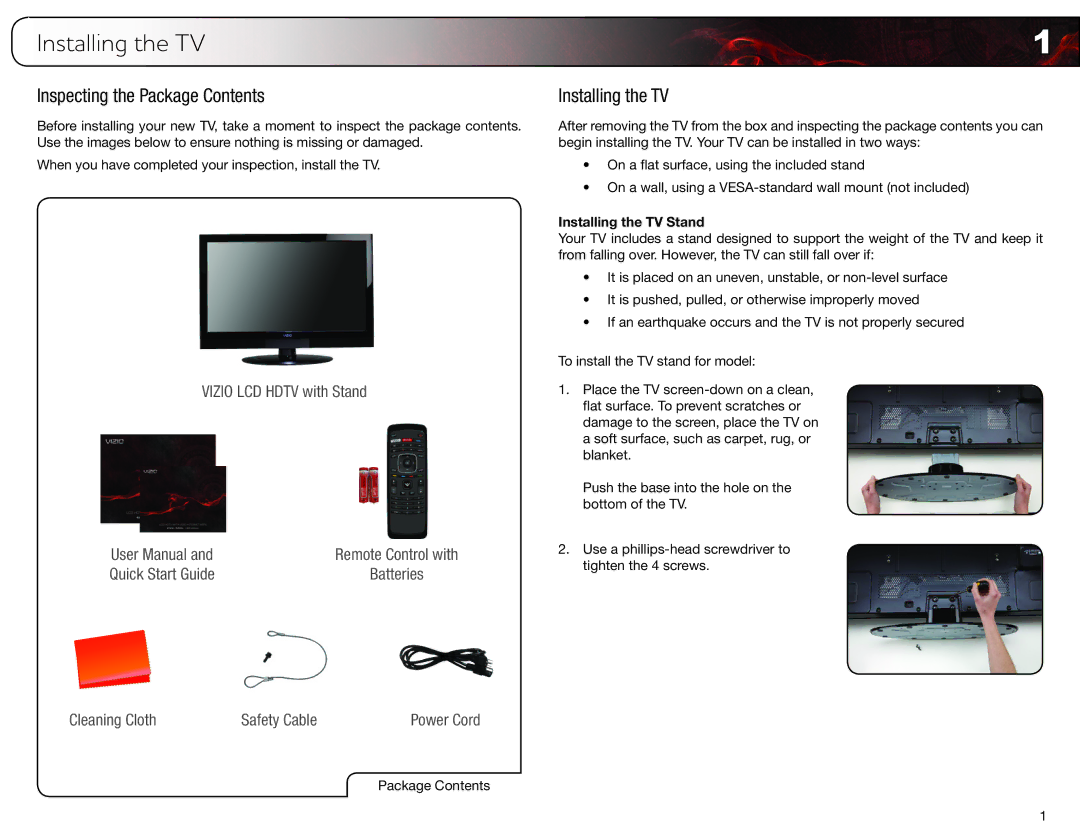 Vizio M420SV, M550SV, M470SV user manual Installing the TV, Inspecting the Package Contents 