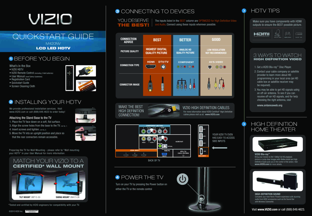 Vizio M420W user manual Before YOU Begin, Connecting to Devices, Hdtv Tips, Installing Your Hdtv, Power the TV 