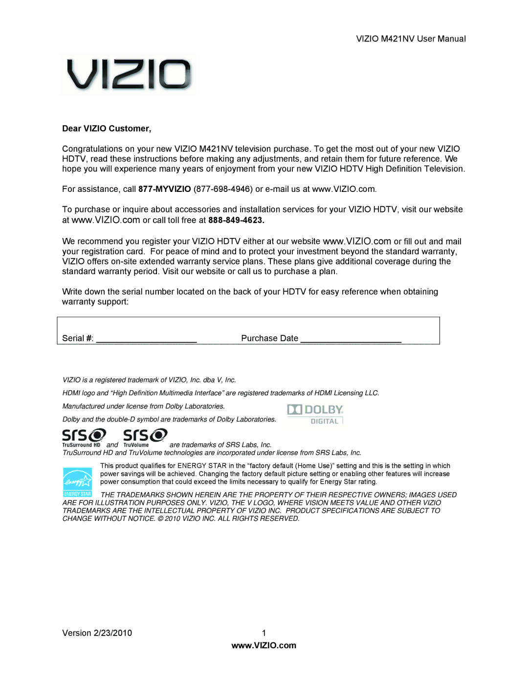 Vizio M421NV manual Dear Vizio Customer 