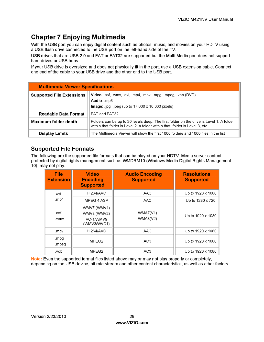 Vizio M421NV Supported File Formats, Multimedia Viewer Specifications, File Video Audio Encoding Resolutions Extension 