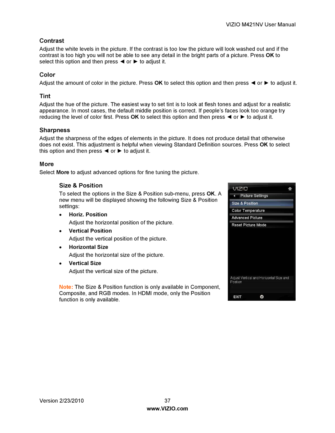 Vizio M421NV manual Contrast, Color, Tint, Sharpness, More, Size & Position 