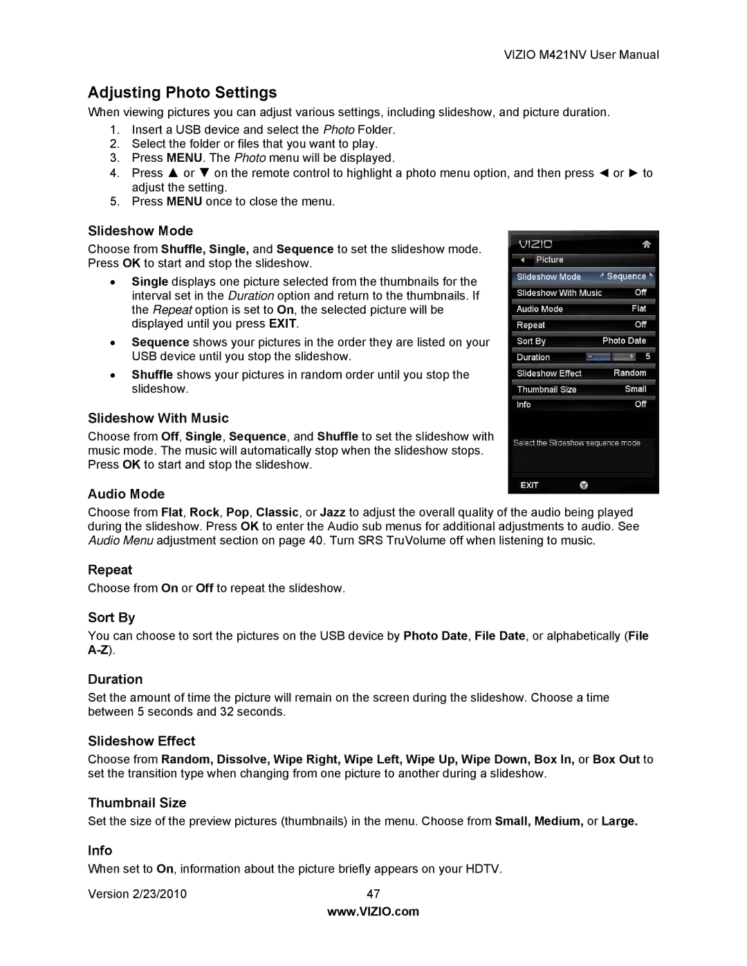 Vizio M421NV manual Adjusting Photo Settings 