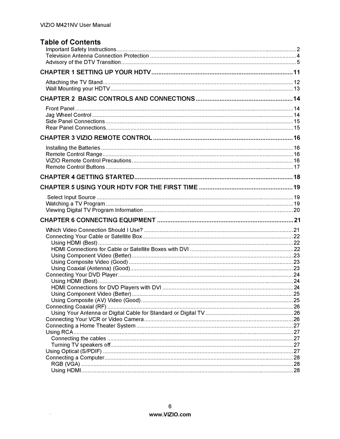 Vizio M421NV manual Table of Contents 