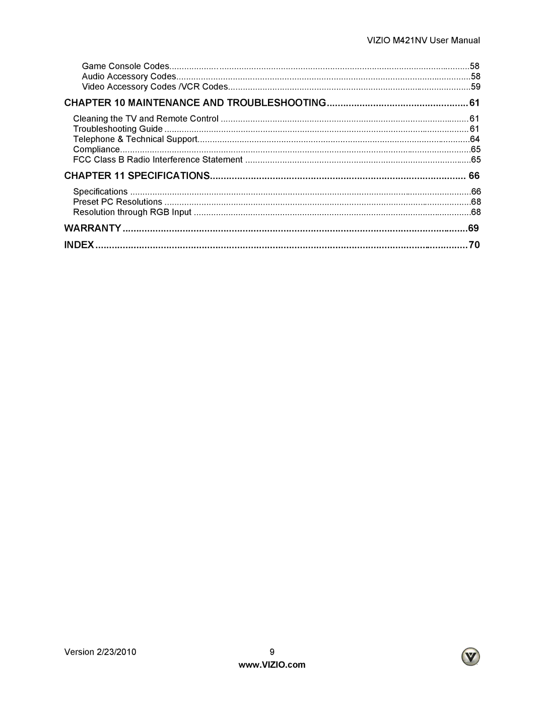 Vizio M421NV manual Specifications 